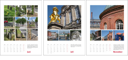Kassel-Kalender 2012, Kassel Ansichten: Titelblatt und 2 Monatsblätter u.a. mit Beuys-Bäumen, Rathaus und Gießhaus