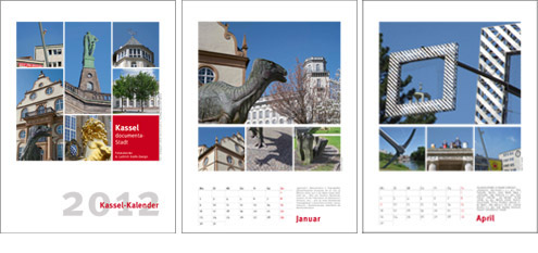 Kassel-Kalender 2012, Kassel Ansichten: Titelblatt und 2 Monatsblätter u.a. mit dem Dinosaurier vorm Naturkundemuseum und dem Kunstwerk Rahmenbau