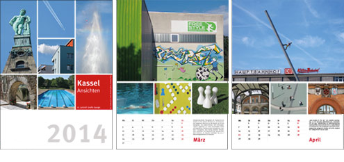 Kassel-Kalender 2014, Kassel Ansichten: Titelblatt und 2 Monatsblätter u.a. mit der Freestyle-Halle und dem Himmelsstürmer