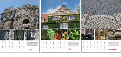 Kassel-Kalender 2014, Kassel Ansichten: 3 Monatsblätter u.a. mit dem Herkules, der Markthalle und dem Erinnerungspfad auf dem Unigelände