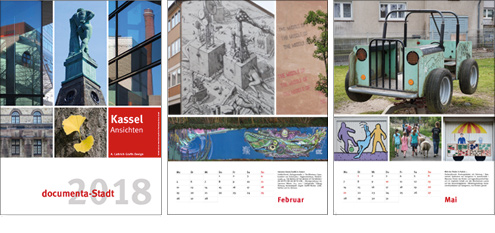 Kassel-Kalender 2018, Kassel Ansichten: 
                      Titel und 2 Monatsblätter u.a. Wandbild im Schillerviertel, Graffitiwand und Spielplatz