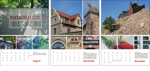 Kassel-Kalender 2018, Kassel Ansichten: 
                      3 Monatsblätter u.a. mit Motiven vom Kulturzelt, Open Air-Kino, aus Bettenhausen und vom Abriss der Martinibrauerei