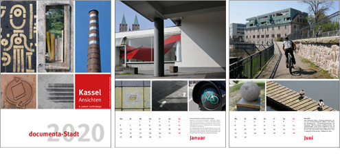 Kassel Ansichten:Titel 2020 und 2 Monatsblätter u.a. mit  Streetart von RuE und Architektur und Skulptur im Wesertor 
                      