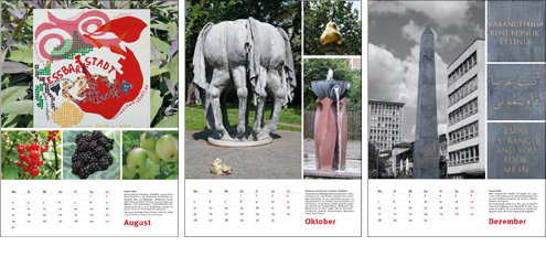 Kassel-Kalender 2018, Kassel Ansichten: 
                      3 Monatsblätter u.a. mit Motiven Essbare Stadt e.V., Brunnen und Skulpturen und dem Obelisken